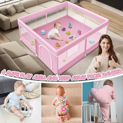 Image of XVISHX Baby Playpen 50 x 50 Inch Play Pen Playards, Playpen for Babies and Toddlers, Baby Playard for Indoor & Outdoor Active Center Game Fence, with Skin-Friendly Fabric and Soft Breathable Mesh Pink
