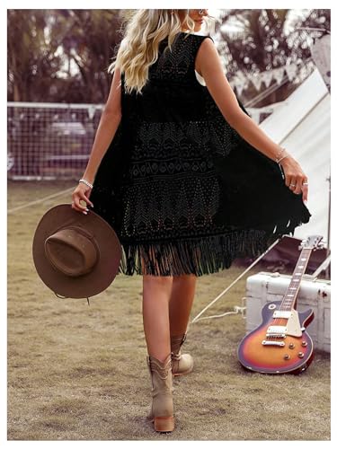 MakeMeChic Women's Fringe Vest Sleeveless Crochet Open Front Vintage Western Sweaters Cowboy Cardigan2