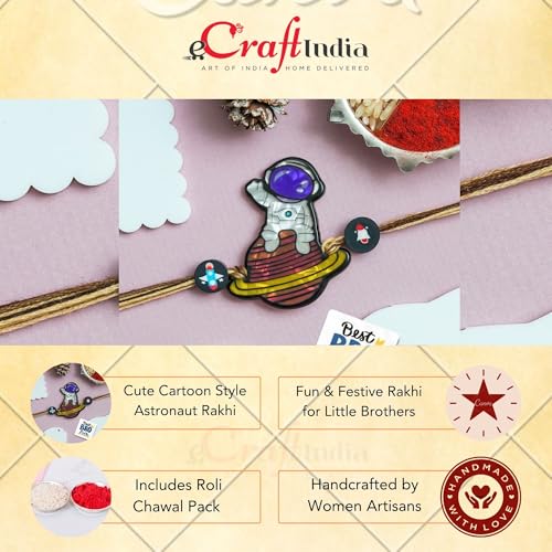 Image of eCraftIndia Cute Cartoon Style Astronaut Rakhi for Kids Girls Boys with Best Bro Ever Fridge Magnet | Raksha Bandhan Kids Rakhi for Brother Bhaiya Bhai | Roli Chawal Pack