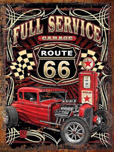 Plaque Métal Vintage Route 66 Garage – Hot Rod Rouge et Pompe à Essence – Déco Murale Atelier, Bar ou Garage (20x30cm)