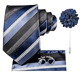 Hi-Tie Blue Black Ties and Flower Lapel Pin Set Silk Mens Striped Ties Pocket Square Cufflinks 4PCS Necktie for Wedding