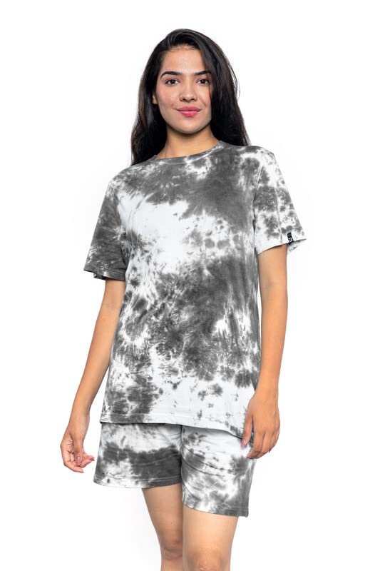 Image of EK RAG' Unisex Tie and dye & Solid Colours Half Sleeves Co - ords Set : Half Sleeve T-Shirt + Shorts Tie dye & Solid Colours For Men & Women