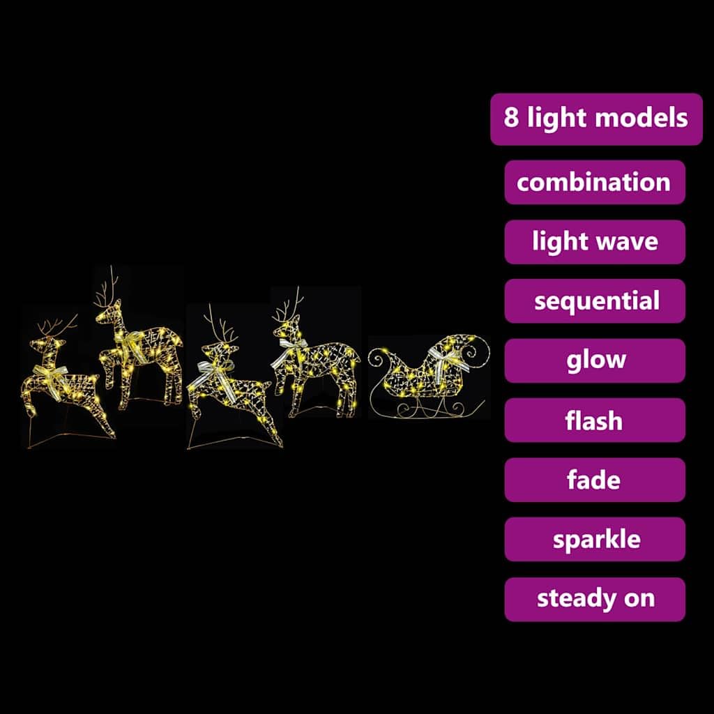 LED Rentiere mit 40 LEDs, 5-teiliges Set aus Gold PET, 44 x 18 x 65,5 cm, USB betrieben, Weihnachtsbaumschmuck und festliche Dekoration für Innen und geschützte Außenbereiche, Art-Deco Stil