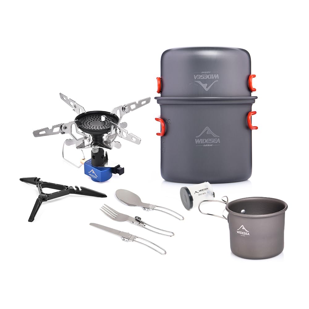 widesea Set di pentole da campeggio per 1-2 persone – Pentola da viaggio, fornello pieghevole portatile, kit di pasticcio in alluminio, include pentola, padella, ciotola, utensili e contenitore per