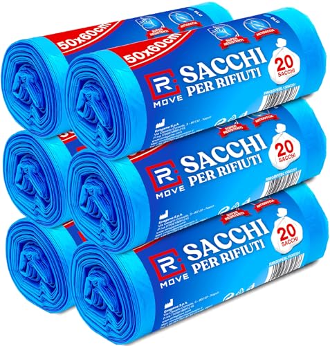 R MOVE 120 sacchetti spazzatura 50x60 cm, sacchi spazzatura 35 litri, 6 rotoli, 20 sacchi immondizia per rotolo, sacchi indifferenziata, sacchetti pattumiera (Senza Manici (120 sacchi))