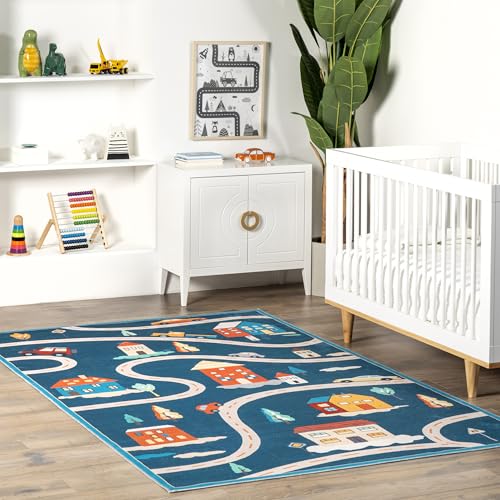 nuLOOM 3' x 5' SpinClean Machine Washable Stain-Resistant Area Rug with Non Slip Backing, Low Profile for Living Room, Bedroom, and Dining Room, Zita Blue Multicolor