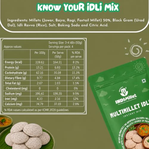 Image of IndiMillet Multimillet Idli Mix | Made with Millets | High Fibre | Instant Idli Mix | Pack of 2 (200g each)