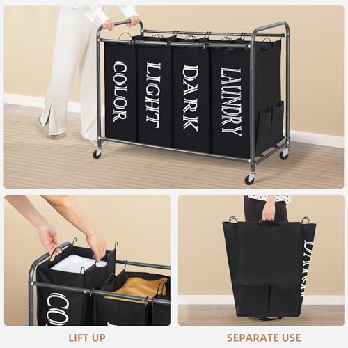 Image of STORAGE MANIAC Laundry Sorter 4 Section, 47.5 Gal (180 L) Laundry Hamper with Wheels, Clothes Divider Basket Sorter, Separator Hamper Cart with Removable Bags, Label Black