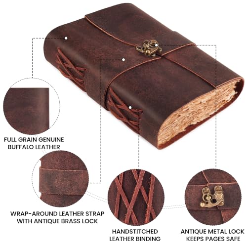 Image of LEATHER VILLAGE Leather Journal for Women & Men - Vintage Leather Bound Journal with Lock - Book of Shadows, Writing & Travel Journal - 200 Pages Handmade Deckle Edge Watercolor Paper -6 inchx4''-Fuchsia