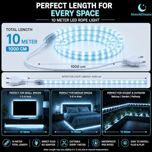 Image of MoonlitDreams 10M LED Rope Light | 120 LEDs /M Waterproof Strip Light | Ice Blue Flexible Cove Light for False Ceiling, Balcony, Bedroom, & Indoor Outdoor Decoration | Plug & Play Decorative Light