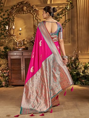 Image of Mehrang Women's Banarasi Silk Kanjivaram Saree For Wedding With Pure Zari Work, Woven Design, With Unstitched Blouse Piece