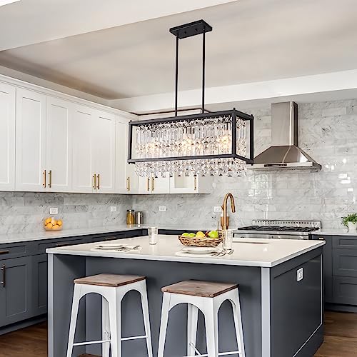 Image of LMQNINE Modern Rectangle Chandelier for Dining Room, Black Crystal Chandelier Linear Light Fixture, Farmhouse Chandeliers for Kitchen Island, Bar Table, L25.98'' x W9.84'' x H8.66''