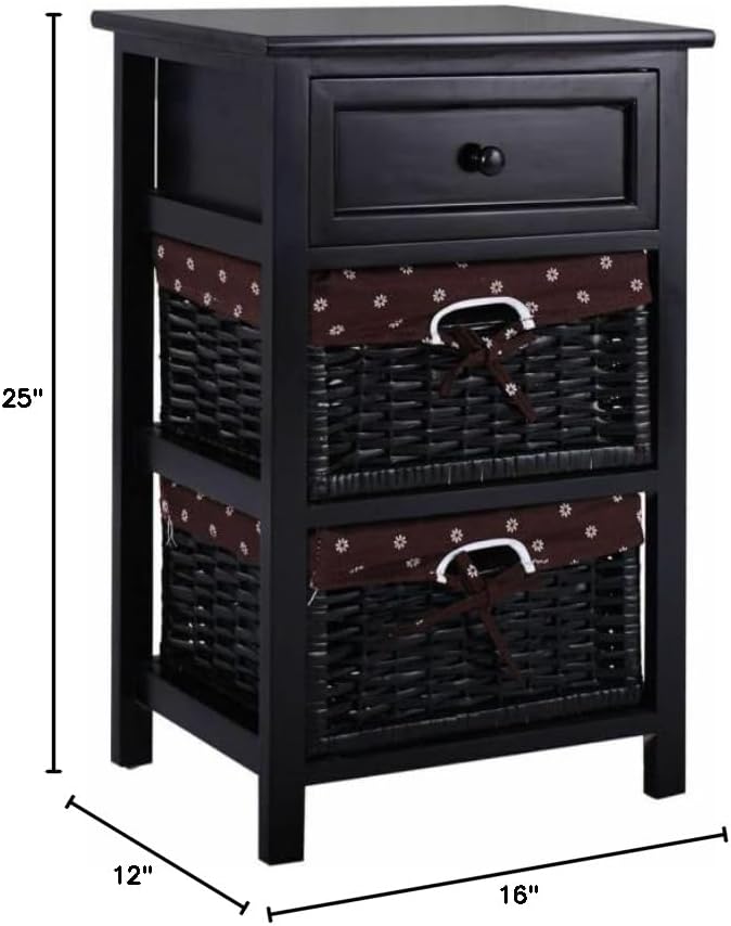 Miniatura 8 de Safeplus Mesita de noche de madera, mesa auxiliar con 1 cajón de madera y 2 cajones de mimbre, organizador de almacenamiento para sofá de noche para