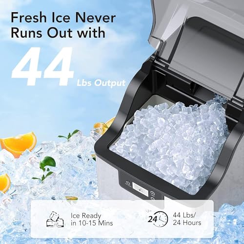 Image of Ice Maker, Stainless Steel Countertop Ice Machine with 44Lbs /24H Output,Timer Function, Self-Cleaning Portable with Freestanding Ice Spoon for Home,Office,Bar