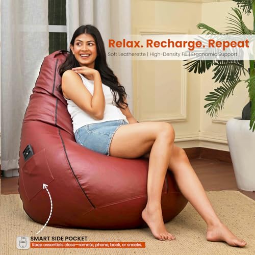 Image of Sattva Classic Piping XXXL Bean Bag with Pocket Filled with Beans | Faux Leather Teardrop Bean Bag for Adults & Teens | Pre-Filled Comfortable Seating for Bedroom, Living Room - Tan with Black Piping
