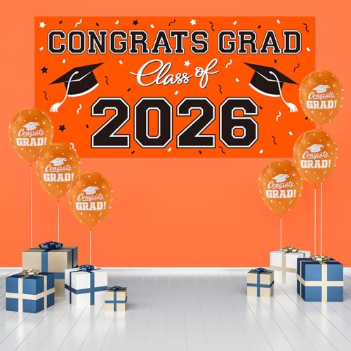 Image of 2026 Graduation Party Plastic Backdrop - 65 inch x 32.7 inch Congrats Grad Banner in Orange, Large Class of 2026 Decorations, Photography & Grad Party Supplies