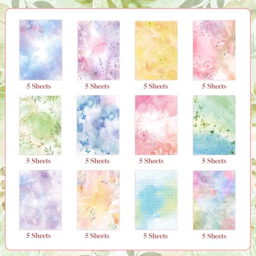 Konsait 60 Sheets Watercolor Scrapbook Paper, Double Sided Patterned Cardstock Spring Decorative Papers Origami Papers Watercolor Stationery Paper for Card Making Scrapbook Supplies 5.5 x 8.3 Inch - Thumbnail 2