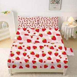 Pink Strawberry Sheet Set Twin: Kwaii Strawberry Bedding Set for Kids Teens Girls Boys Summer Fruits Bedroom Bed - 1 Flat Sheet, 1 Fitted Sheet, 1 Pillowcase Strawberry 01 Twin