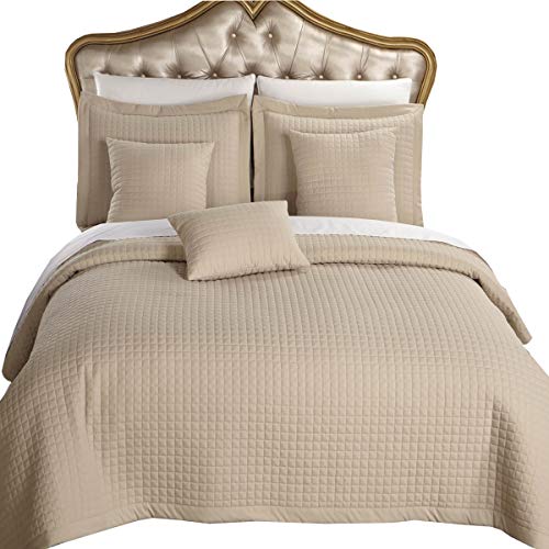 Royal Hotel Bedding Checkered Style Soft And Plush Coverlet, 3Pc Set Stitched Filled Bedspread, Extra Soft Bed Cover, Checkered Pattern Quilted Bed Quilt, Linen Beige, King #TOP23