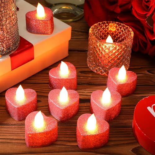 Image of Baquler 24 Pcs Valentine Candles Heart Shaped Glitter Tealights Romantic LED Tea Lights Candle Battery Operated for Valentine's Day Marriage Proposal Wedding Anniversary Celebration Decor(Pink)