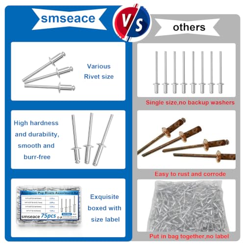 Image of smseace 70 Pcs 1 /4 Inches Rivets 1 /4 inch x (3 /8 inch, 1 /2 inch, 5 /8 inch, 1 inch) Aluminum Pop Rivets Assortment Kit - Assorted Blind Rivets for Metal,Furniture,Automotive,Instrument