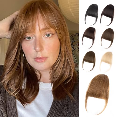 EINAEY Clip in Bangs, 100% Real Human Hair Fake Bangs Clip on Bangs Hairpieces for Women Wispy Bangs Light Brown Fringe with Temples Curved Clip in Hair Extensions for Daily Wear