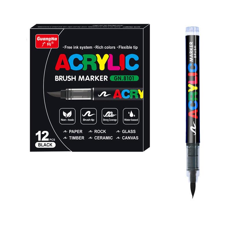 Marqueur acrylique à liquide direct à tête souple sans pression pour étudiants, marqueur graffiti à couleurs superposables (Noir *12)