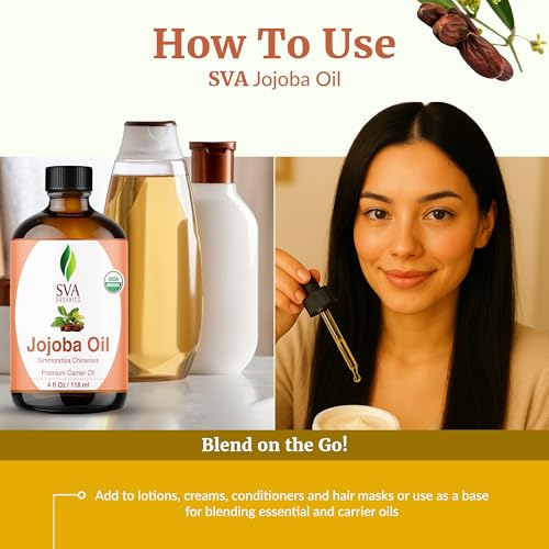 Image of SVA Organic Jojoba Seed Carrier Oil with Dropper, 4 Fl Oz (118 ml) | Jojoba Oil for Skin Care, Facial Oil, Hair Care, Scalp Massage, Nail Care, Body Massage & DIY Beauty Blends, Glass Bottle