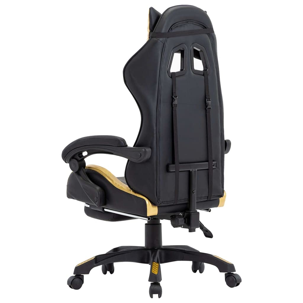 Silla de gaming con reposapiés, color dorado y negro, piel sintética, altura regulable, ergonómica, giratoria con soporte para la cabeza y lumbar, para trabajar cómodamente y jugar en la