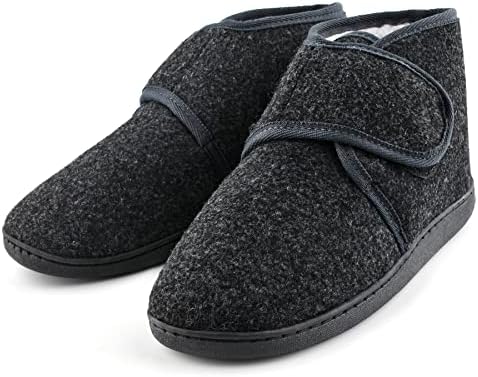 TIESTRA Warme Hausschuhe Herren Winter Lammfell Diabetiker Hausschuhe Breiter Fuß Filzpantoffeln mit Memory Foam Sohle, Filz Herrenhausschuhe mit Klettverschluss, Dunkelgrau