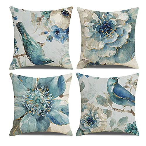 Vgzsyomqib Fleurs Oiseaux Housse de Coussin Lot de 4 Décoratif Design Doux 45x45 cm Fleuri Animaux Motif Chic Taie d'oreiller Canapé Salon Chambre Jardin Fauteuil Exterieur Vert Bleu Ciel Cover