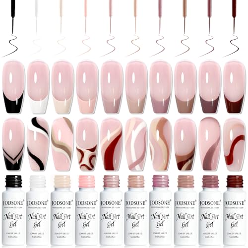 Image of JODSONE 10 Colors Mocha Nail Art Gel Liner Set,5ml Nude Brown Gel Polish with Built-in Thin Brush,Fine Line Nail Art Pen Effect for Nails Design DIY Salon,Fall Brown Tones