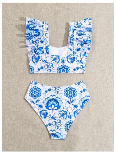 WDIRARA Girl's 2 Piece Ruffle Hem Shirred Tankini Sets Tank Top & High Waist Bikini Set Blue Floral 12Y2