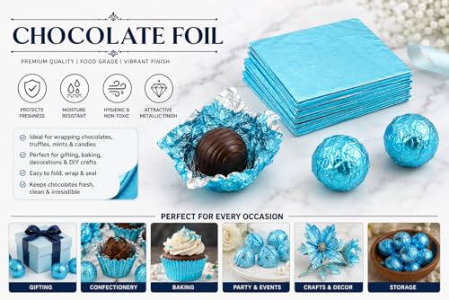 Image of Aluminum Foil Chocolate Wrappers - Candy Wrapping Sheets for DIY Chocolates, Sweets & Gifts | Food-Grade, Decorative & Easy-to-Use Foil Wraps (Light Firozi, Pack of 1 (250 Counts))