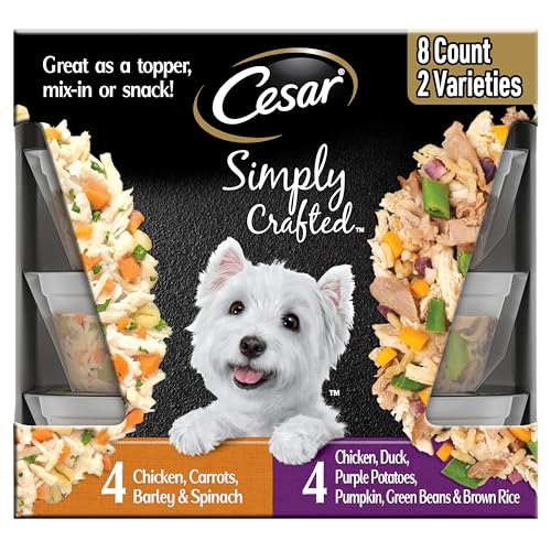 Cesar Simply Crafted Wet Dog Food Toppers for Dry Food, Chicken, Duck, Purple Potatoes, Pumpkin, Green Beans & Brown Rice, and Chicken, Carrots, Barley & Spinach Variety Pack, 1.3 oz Tubs, 8 Count
