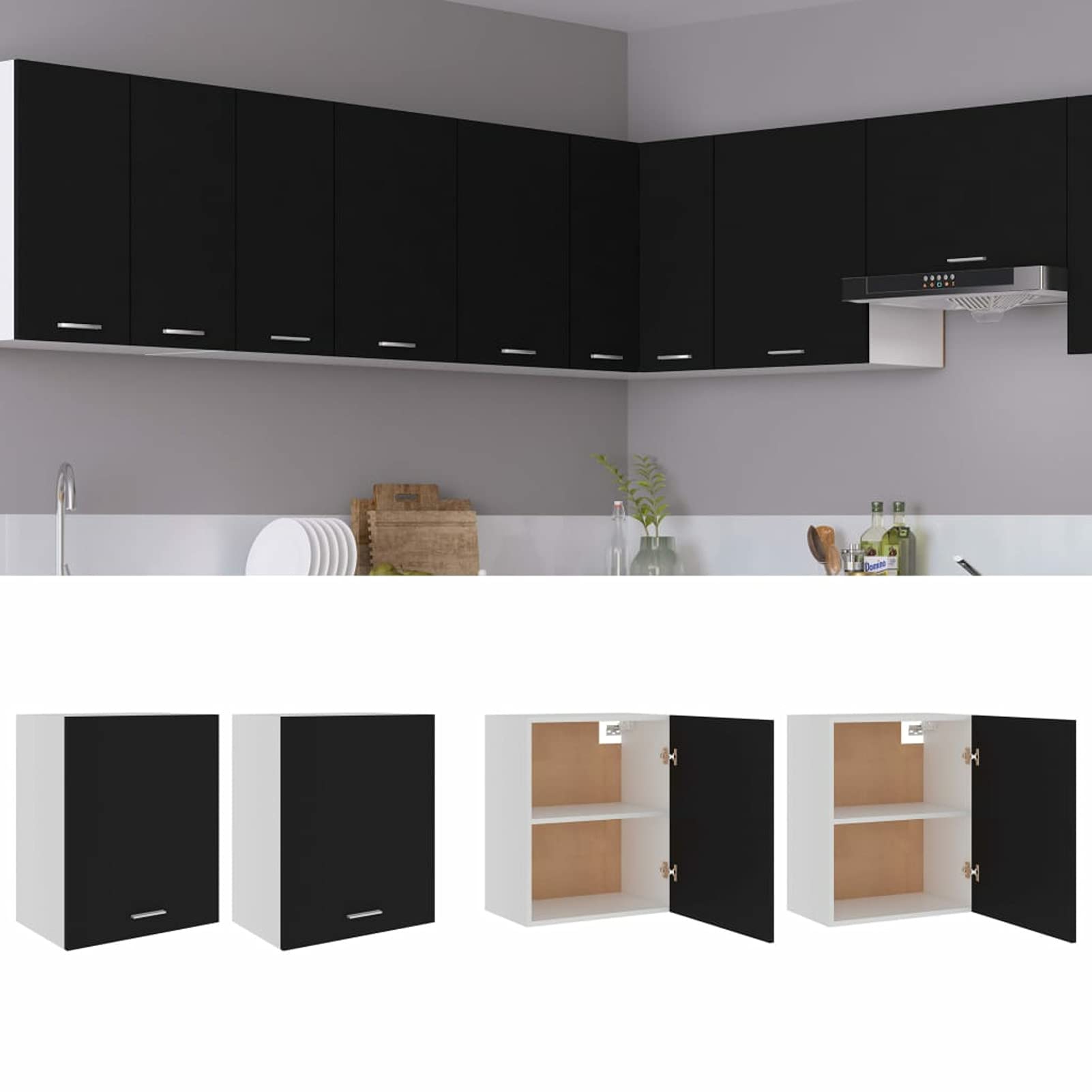2 STK. Hängeschränke Wandschrank Hängend Küchenhängeschränke Küche Schrank Einbauküche Küchenzeile Küchenmöbel Oberschrank Küchenschrank Küchenmöbel Schwarz 50x31x60 cm Holzwerkstoff