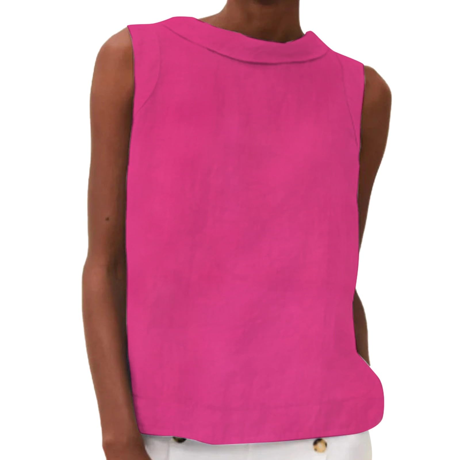 Women's Cotton Linen Tank Tops High Neck Casual Cami Sleeveless Camisole Blouses Summer Basic Shirt Solid Color Crop Tops(Hot Pink,Medium) โ image 1