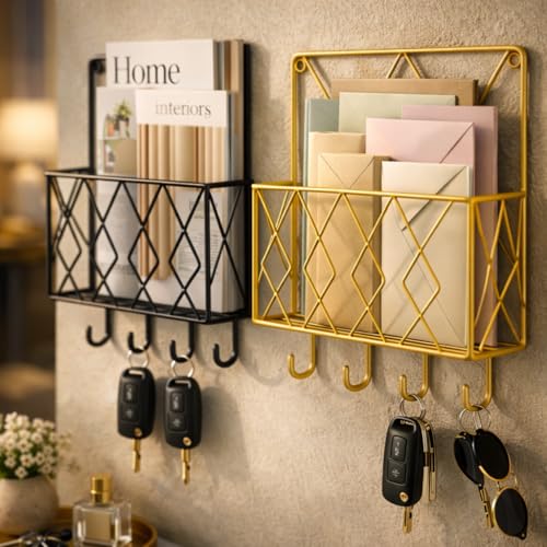 Image of CentraLit 2 Pieces Wall Decor Hanging File Magazine Holder with Hooks - Magazine Newspaper Rack Black Gold Combo File Storage Rack for Office - Home Decor Wall Art Display Rack for Organisation