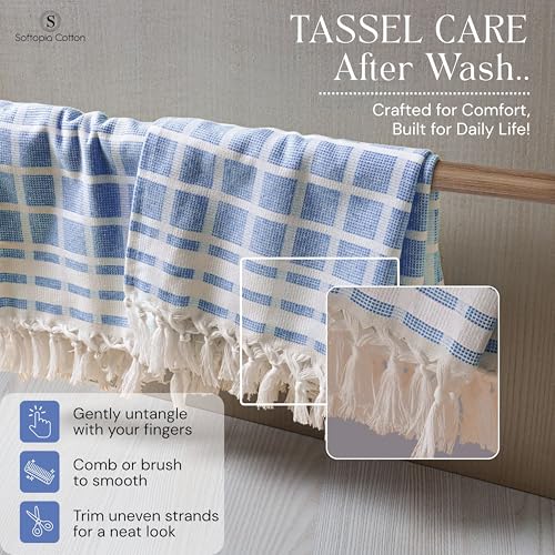 Image of Matrix Dobby Kitchen Towels 4 Pack, 100% Cotton, 16x26 Inches, Handmade Knotted Tassel Dish Towels, Quick Dry, Durable, Absorbent and Reusable Cleaning Cloths - Sky Blue, Natural