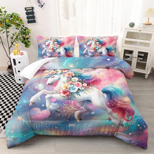 Ntlfup Unicorn Twin Size Bedding Set for Girls, Dreamy Unicorn with Flowers Comforter Set, Unicorn Room Decor with 2 Pillowcases, Style 10