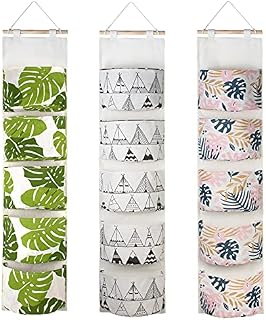 VASZOLA 3Pcs Linen Fabric Wall Closet Hanging Storage Bag with 5 Pockets, Waterproof Over The Door Closet Organizer, Multifunctional Wall Hanging Storage Bag for Bedroom Bathroom (House/Leaf)