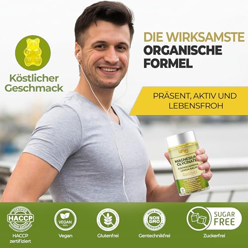 Magnesiumglycinat-Gummibärchen 1600 mg zuckerfreies Magnesiumpräparat mit Ashwagandha, Zitronenmelissenextrakt und CoQ10 für eine ruhige Stimmung und Muskeln, Schlafunterstützung 60 Gummibärchen (1)
