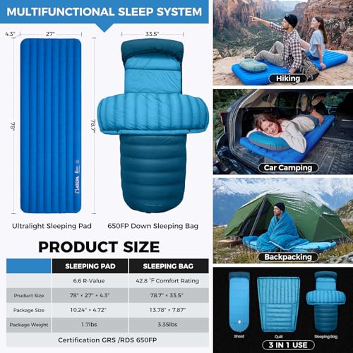 Image of ATEPA Down Sleeping Bag for Adults, Recycled Ultralight 35F 40F 45F 50F 650FP / 700FP 3 Season Compact Sleeping Bags with Compression Sack for Backpacking Camping Hiking, Can Be Attached to Pad