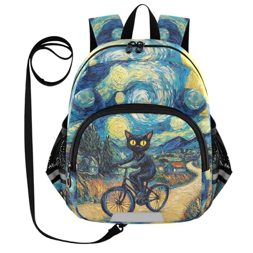 Black Cat Starry Night Toddler Harness Backpack for Boys Girls 3-6 Years Kids Backpack with Anti Lost Safety Leash Baby Harness Bookbag for Travel Preschool Walking