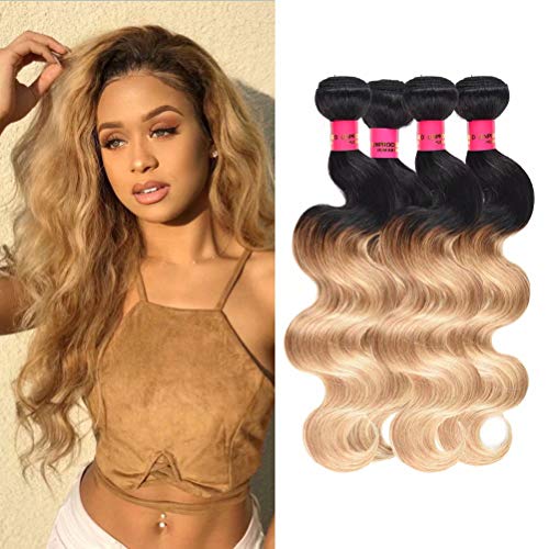 WOME Brazilian Virgin Human Hair Body Wave Hair Bundles Ombre Blonde Color 1B/27# Soft Hair Wefts 4 Bundles Human Hair Weaves Extensions(#1B/27,16"18"20"22")