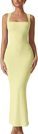QINSEN Womens Square Neck with Lace Detail Long Maxi Dress Sleeveless Lounge Ribbed Full Length Dresses