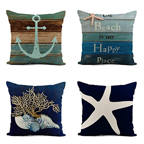 rouihot Set of 4 Linen Throw Pillow Cover 18x18 Inch Blue Nautical Coastal Beach Home Decor Pillowcase Square Cushion Cover for Sofa Bed Couch