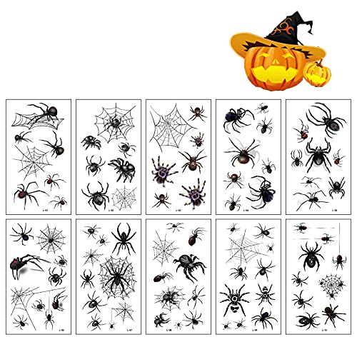 Halloween Scary Spider Temporary Tattoo Stickers Fake Tattoos Decals for Face Body Art Decoration for Halloween Party Cosplay Atmosphere Supplies 10 Sheets