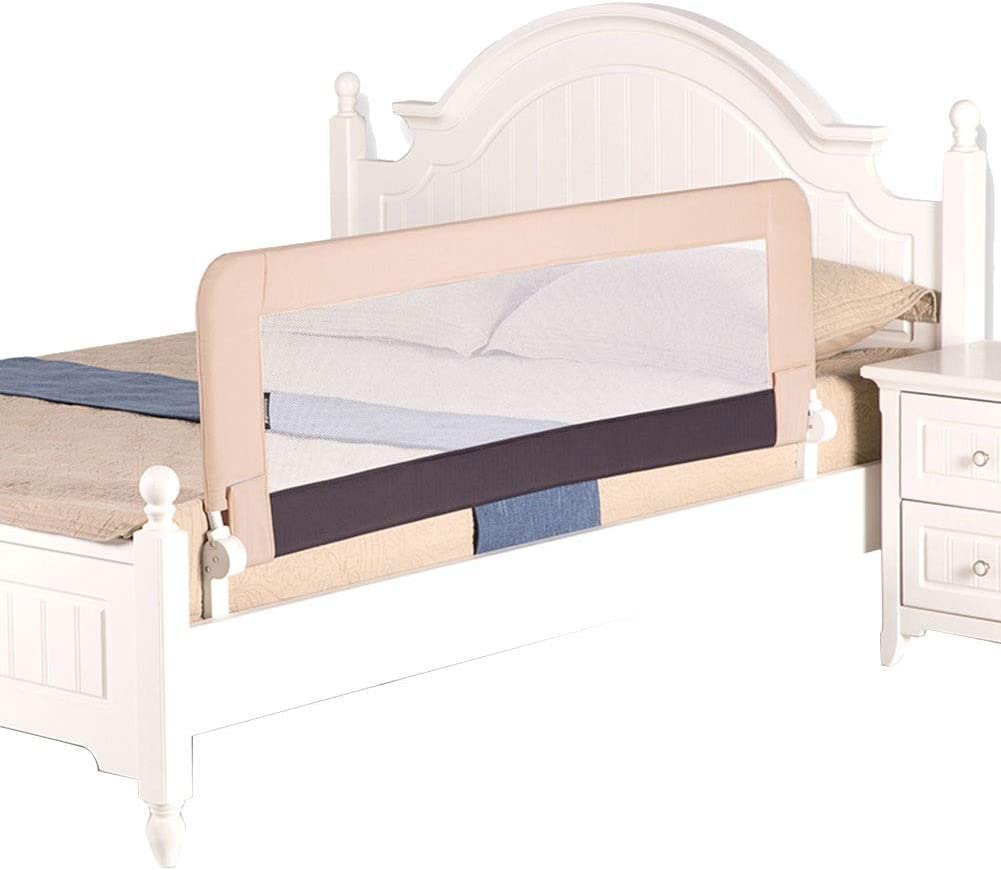 Barandillas De Cama Protección Barandilla De Cama Abatible hacia Abajo Barandilla De Malla con Protección contra Caídas De Malla Ventilada para Cama Individual/Doble, Caqui (Tamaño