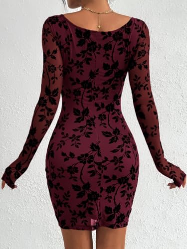 PRETTYGARDEN Women’s 2025 Fall Bodycon Mini Dresses Long Sleeve Mesh Slim Floral Wedding Guest Cocktail Party Short Dress2
